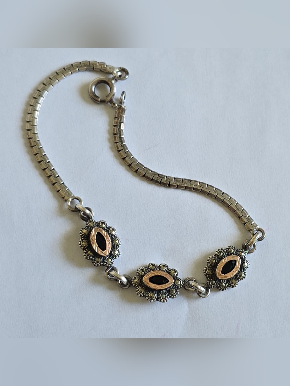 Sterling Silver Marcasite Bracelet with Rose Gold Accents